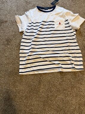 Polo by Ralph Lauren White & Navy Striped Short Sleeve Tee with Red Pony